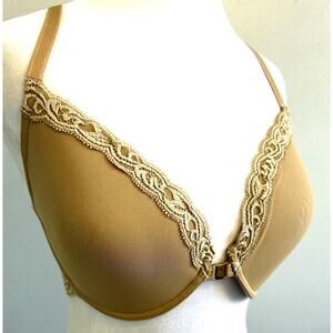 NATORI Feathers Front Close Lace T-Back Bra 34DD Beige Sexy Romantic Push Up